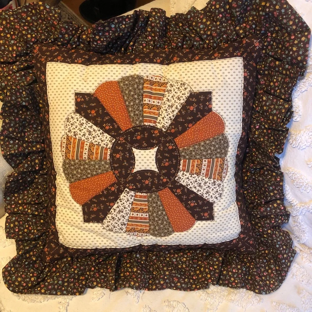 Vintage 70s Patchwork Quilted Ruffled Throw Pillow Cottage Grannycore